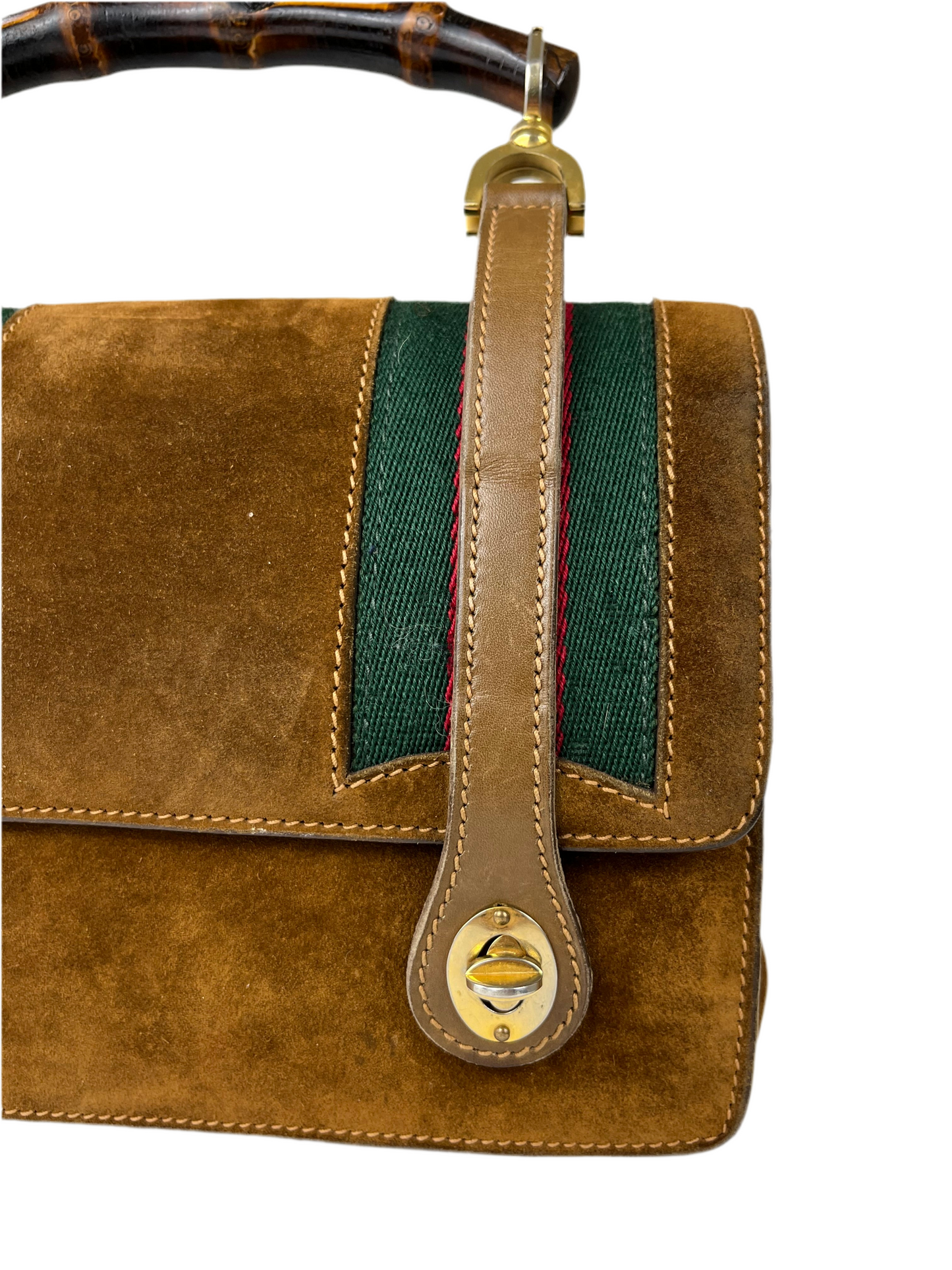 Rare Museum Vintage 1960s/1970s Gucci Suede Bamboo Handle Bag