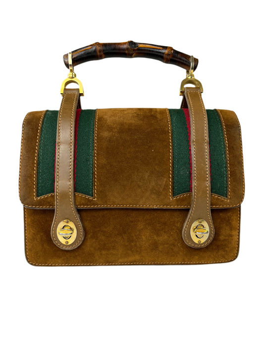 Rare Museum Vintage 1960s/1970s Gucci Suede Bamboo Handle Bag